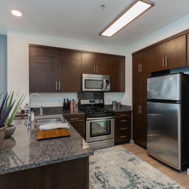 Domain Oakland Apartments - walk-in kitchen with breakfast buffet and stainless steel appliances